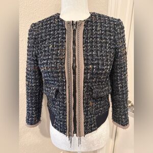 LOFT Navy Tweed Zip-Front Bomber Jacket Petite Cropped